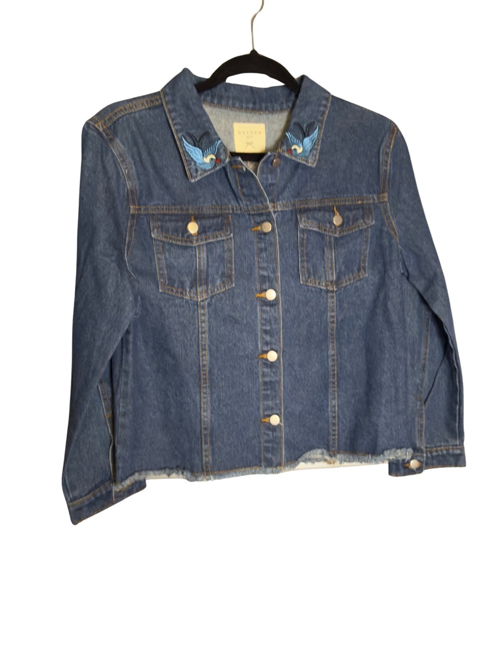 Hayden Blue Denim Jacket with Embroidered Collar Birds